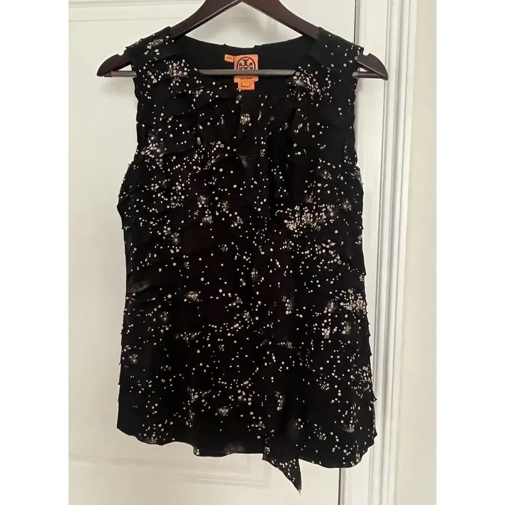 Tory Burch Silk Layered Ruffled Lea Black Stars Blouse Size 8 celestrial